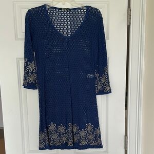 Blue Crochet Dress with Silver Embroidery